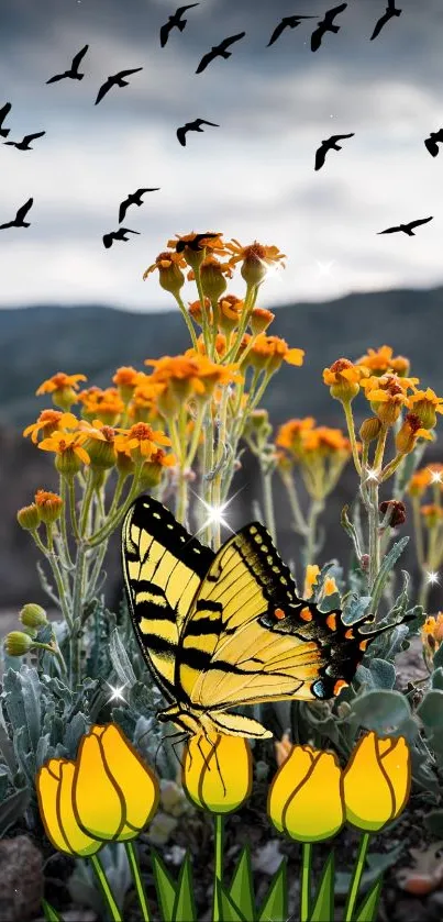 Yellow butterfly on vibrant flowers with birds in the sky.