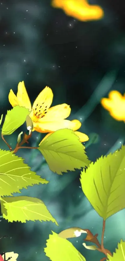 Vibrant green leaves and yellow flowers on a nature-themed wallpaper.