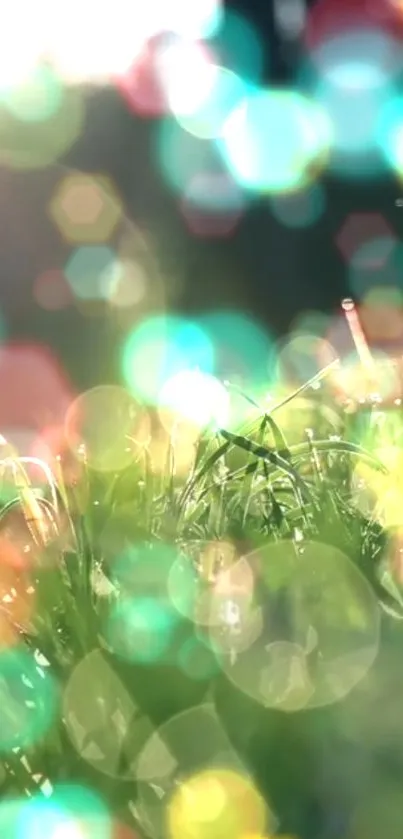 Dewy grass with colorful bokeh and light circles.