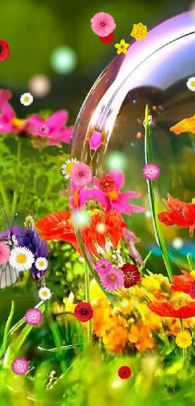 Vibrant floral scene with colorful flowers, butterfly, and bubble.