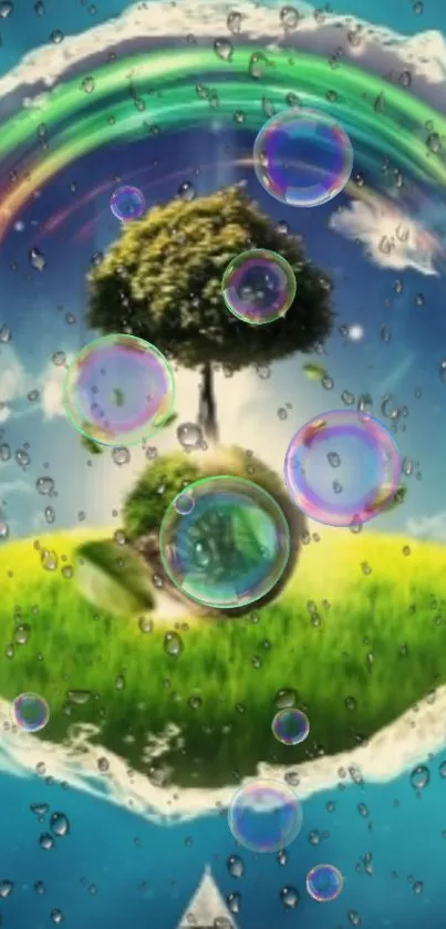 Nature wallpaper with tree and colorful bubbles against blue sky.