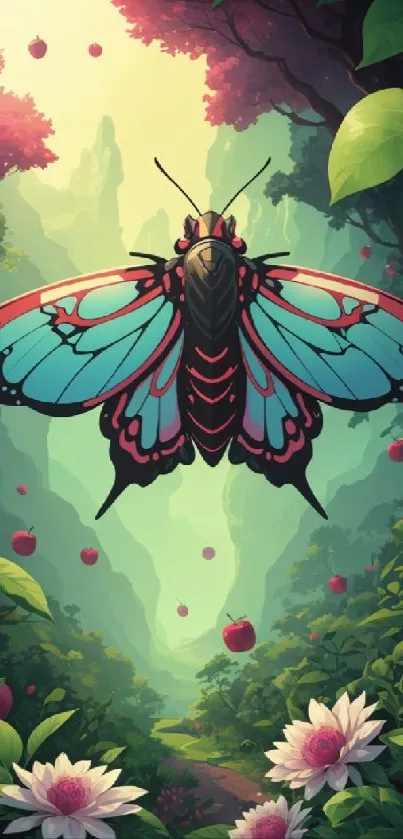 Colorful butterfly in a mystical forest landscape wallpaper.