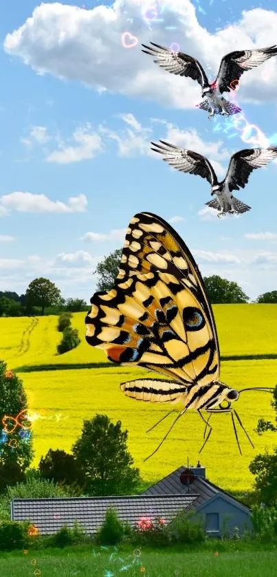 Majestic butterfly over yellow fields with birds in a clear blue sky.