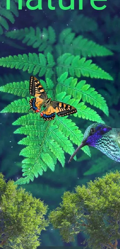 Colorful butterfly and hummingbird on green leaves wallpaper.