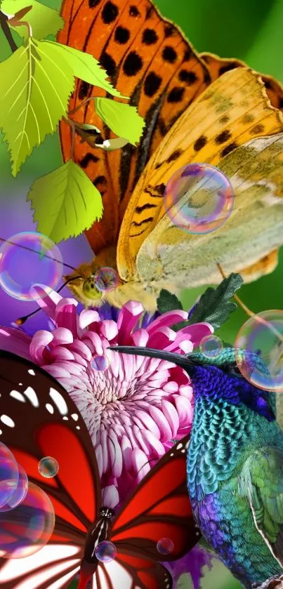 Vibrant wallpaper with butterflies and a hummingbird among flowers.