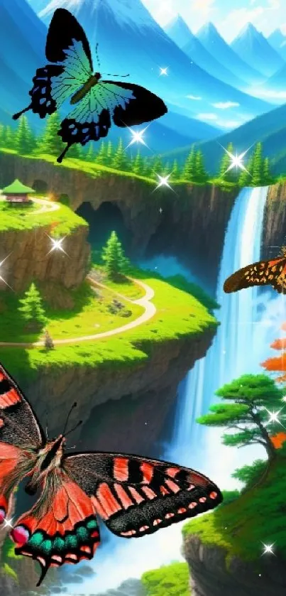 Colorful butterflies over a vibrant nature landscape with a waterfall.