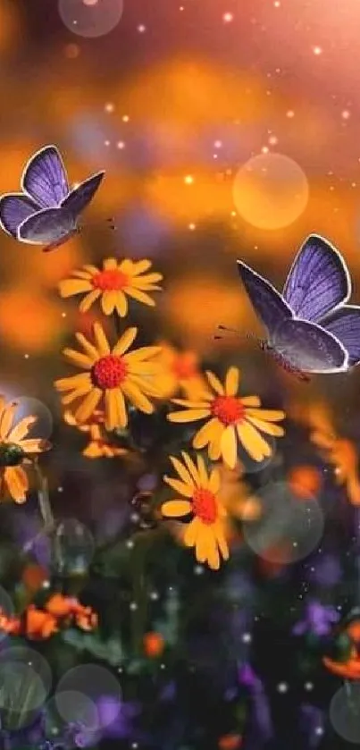 Purple butterflies and orange flowers in warm sunlight.