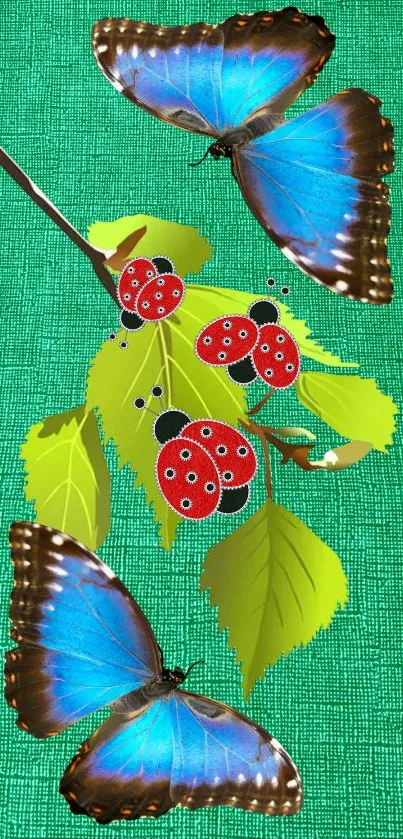 Blue butterflies and ladybugs on green leaves.