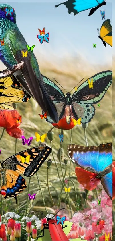 Vibrant wallpaper with butterflies and a hummingbird in a poppy field.