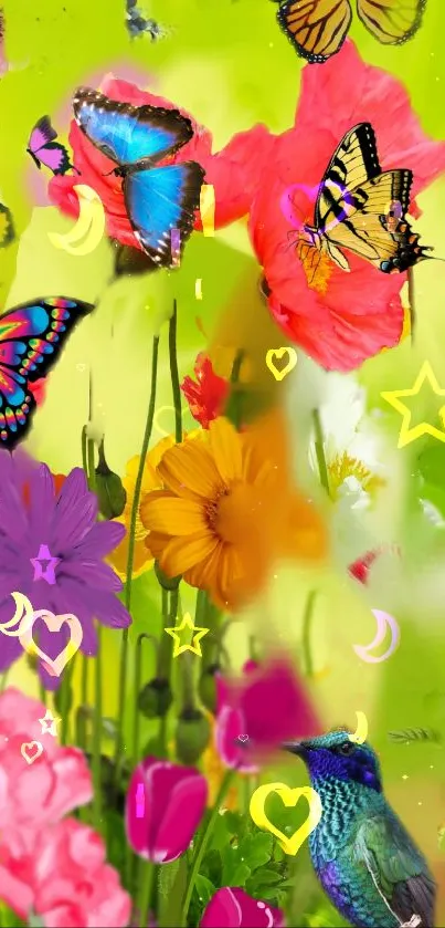 Vibrant wallpaper with colorful butterflies and flowers on a lime green background.