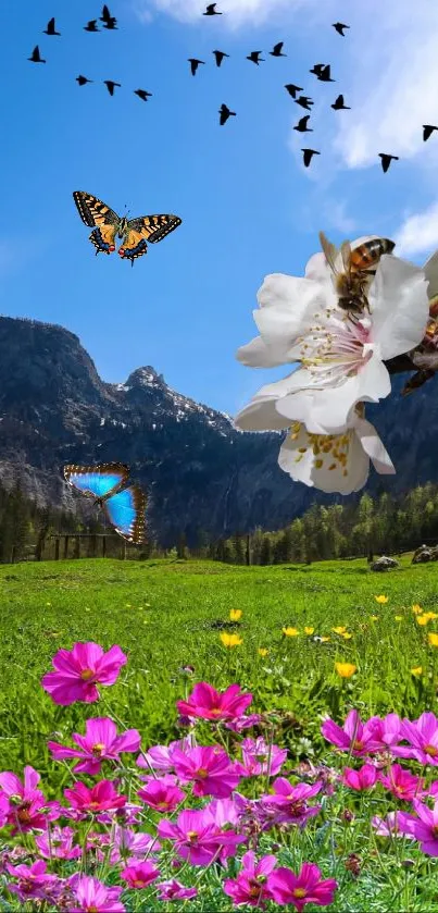 Vibrant nature scene with butterflies and flowers in a mountain landscape.