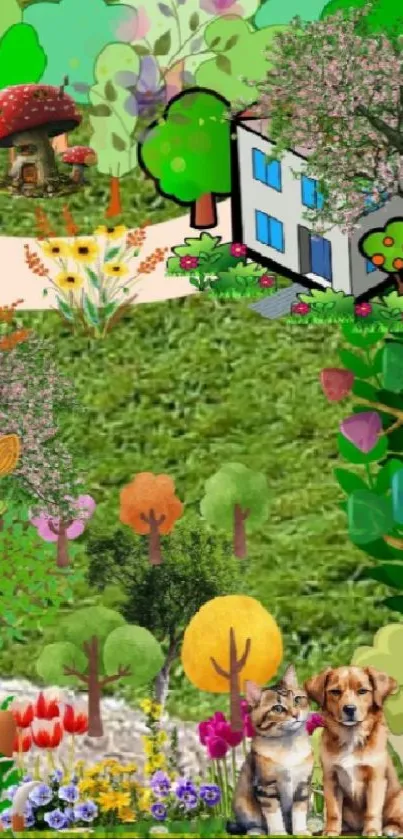 Whimsical cartoon scene with animals, trees, and flowers in a vibrant garden setting.