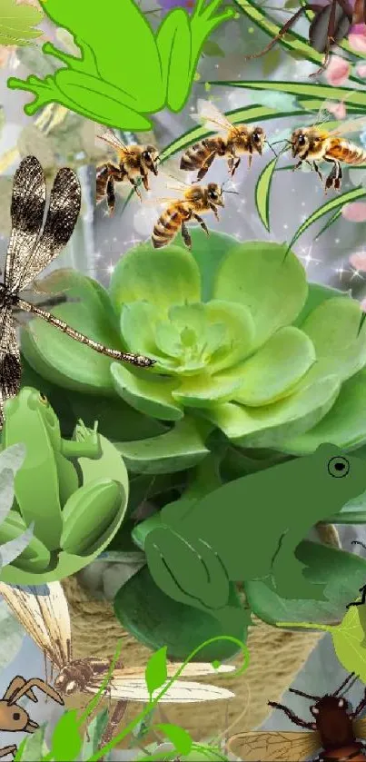 Nature collage wallpaper with plants, insects, and frogs.