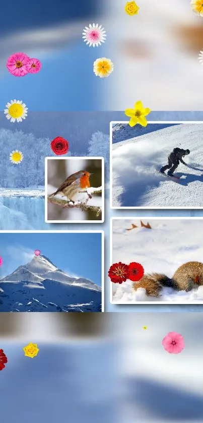 Nature collage wallpaper with snow, wildlife, and flowers.