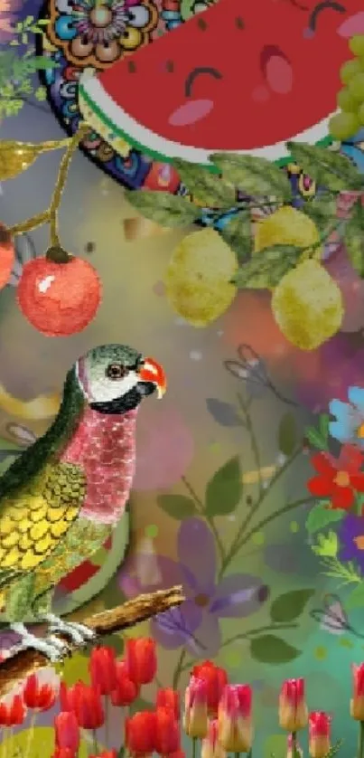 Colorful phone wallpaper with bird, fruits, and flowers collage.