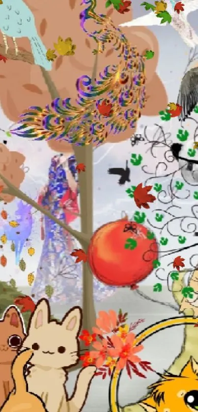 Vibrant collage of animals and nature with abstract elements.