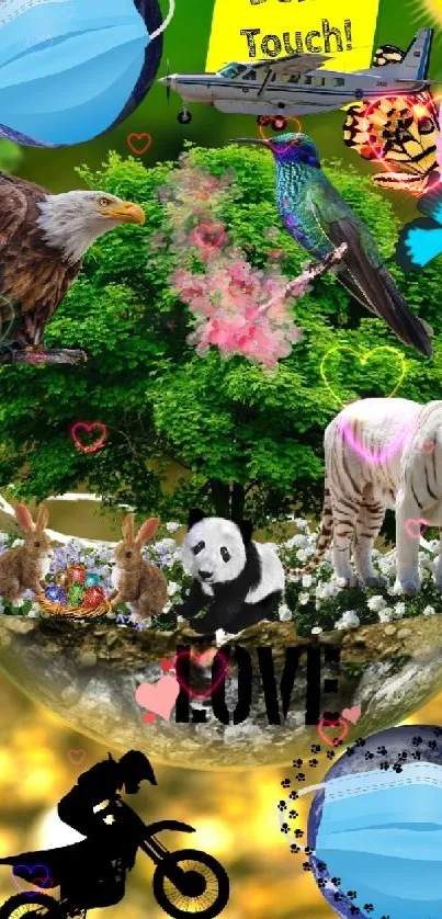 Vibrant nature collage wallpaper with animals and colorful elements.