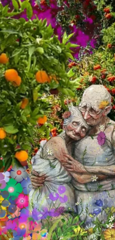 Elderly couple surrounded by vibrant flowers and orange trees in a whimsical garden.