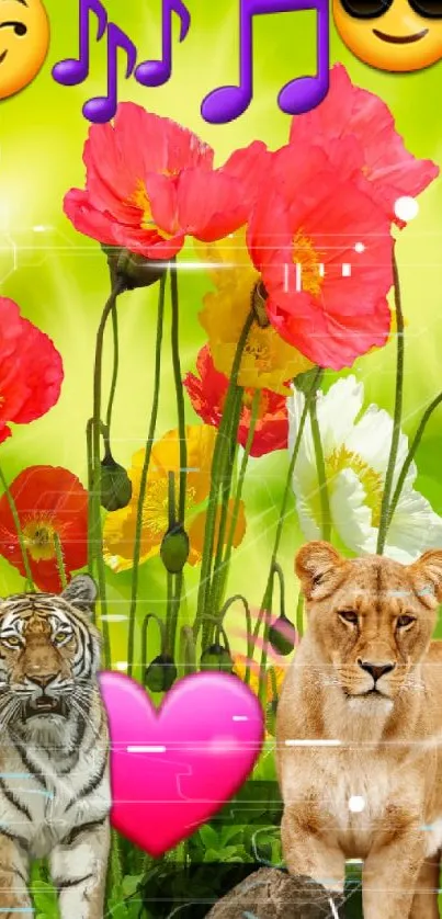 Vibrant wallpaper with emojis, flowers, tiger, and lion on green background.