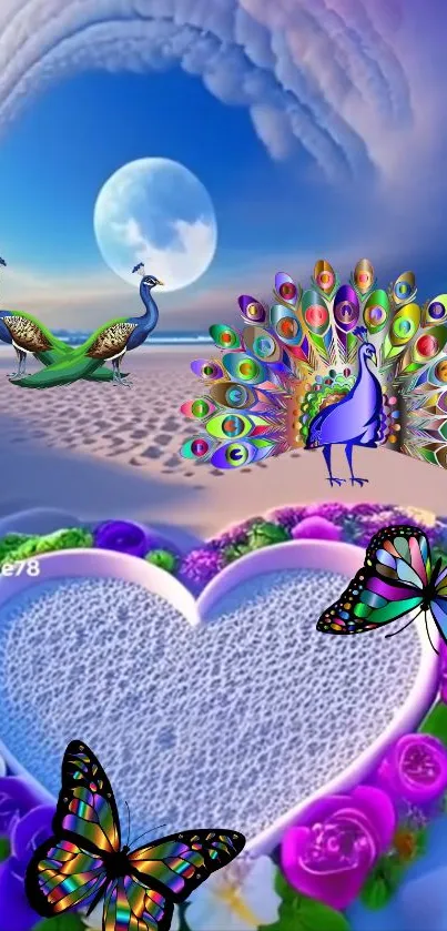 Vibrant fantasy wallpaper with peacocks and butterflies on a beach.