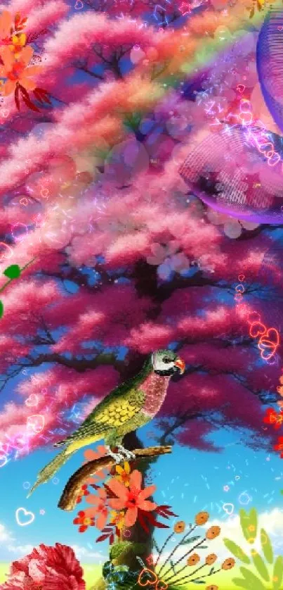 Colorful fantasy tree with parrot and flowers in vibrant nature art.