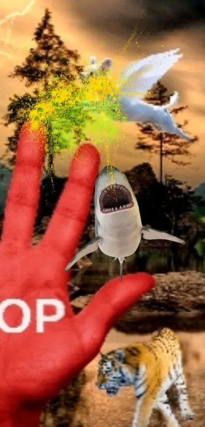 Surreal wallpaper with red hand, flying shark, white tiger, and mystical background.