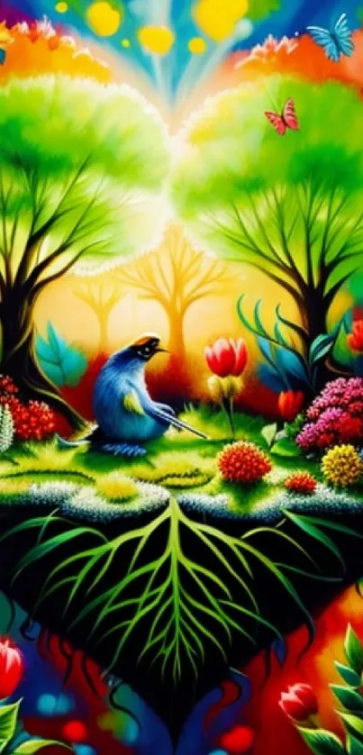 Vibrant fantasy art with trees, flowers, and a bird in a surreal setting.