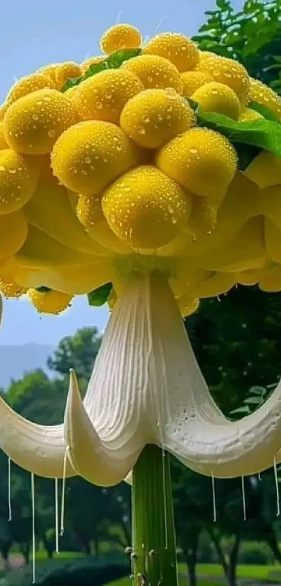 Surreal vibrant yellow flower art against nature backdrop.