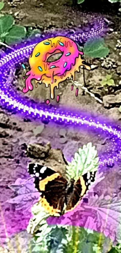 Fantasy nature art with a butterfly, donut, and purple glowing path.