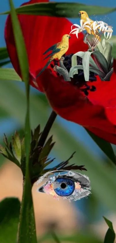 Fantasy nature wallpaper with red flowers and whimsical birds.