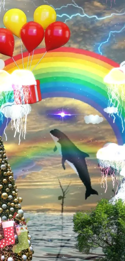 Fantasy wallpaper with rainbow, ocean, and balloons creating a vibrant escape.