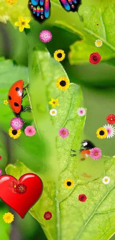 Green leaf with ladybugs and colorful flowers on mobile wallpaper.