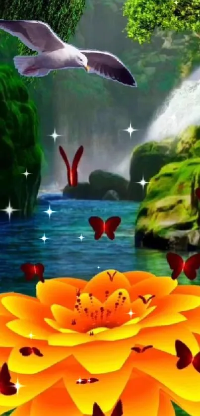 Vibrant orange flower with butterflies by a waterfall in lush greenery.