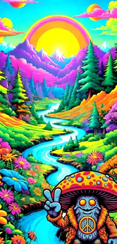 Colorful fantasy landscape with river, flowers, and mountains under sunrise.