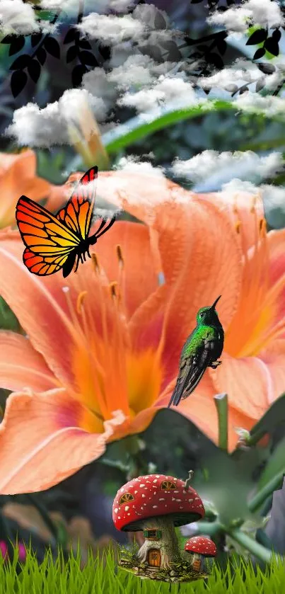 Orange lily with butterfly, hummingbird, and mushrooms in a vibrant fantasy setting.