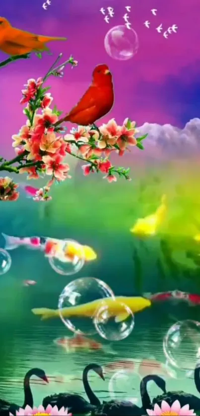 Vibrant fantasy scene with colorful birds and fish in a surreal setting.