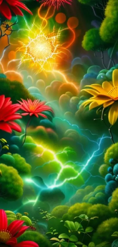 Vibrant fantasy wallpaper with colorful flowers and mystical light.