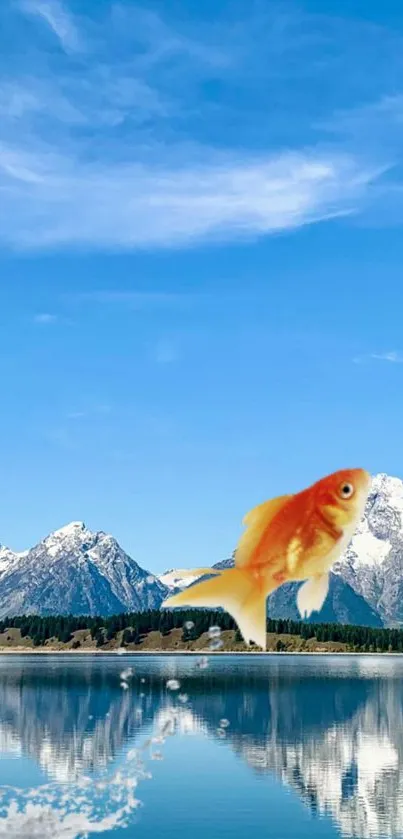 Goldfish jumping over a mountain lake with blue sky backdrop.