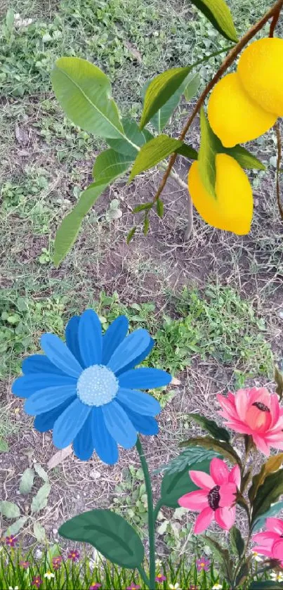 Nature wallpaper with lemons and colorful flowers on a green background.