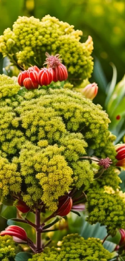 Vibrant floral wallpaper with green foliage and red blossoms.