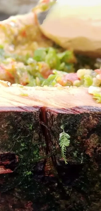 Close-up of a vibrant nature-inspired dish on a wooden surface.