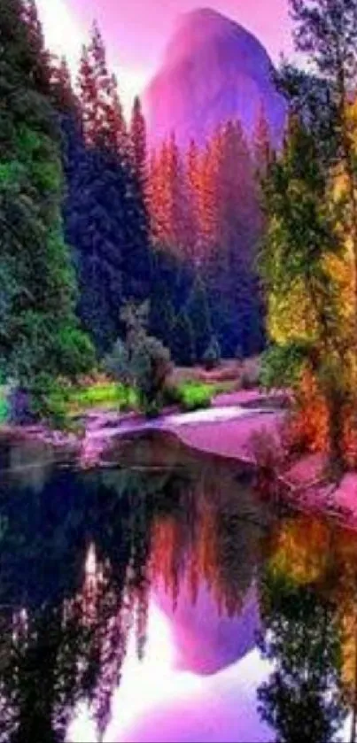 Vibrant forest with a river reflection under purple skies.