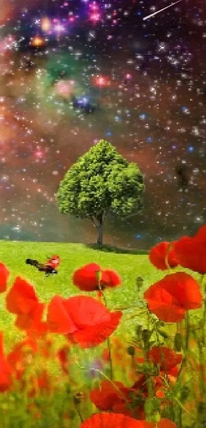 A vibrant landscape blending a galaxy sky with flowers and greenery.