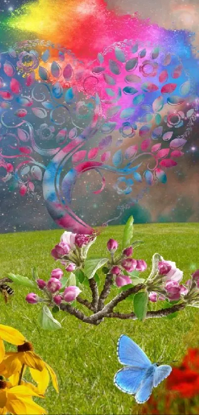 Vibrant nature and galaxy mobile wallpaper with flowers and cosmic sky.