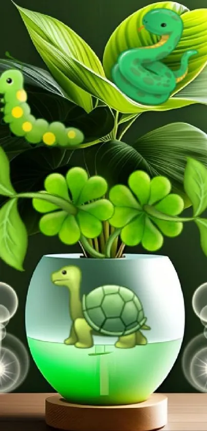 Green nature wallpaper with turtle, snake, and lush leaves.