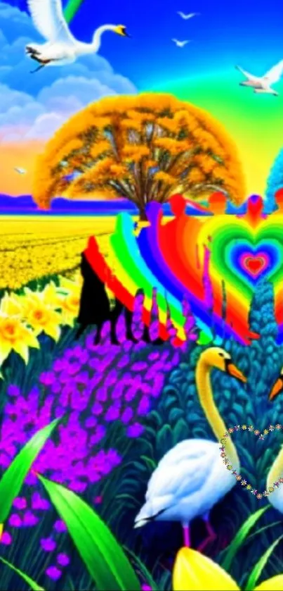 Vibrant mobile wallpaper with rainbow heart, swans, and colorful landscapes.