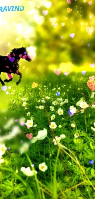 Vibrant wallpaper featuring a horse silhouette on a green meadow with colorful hearts.