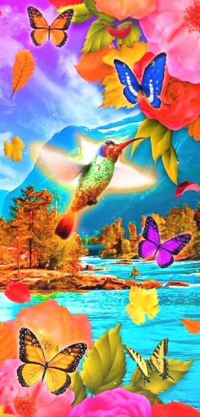 Colorful hummingbird and butterflies with vivid flowers on a nature-themed mobile wallpaper.