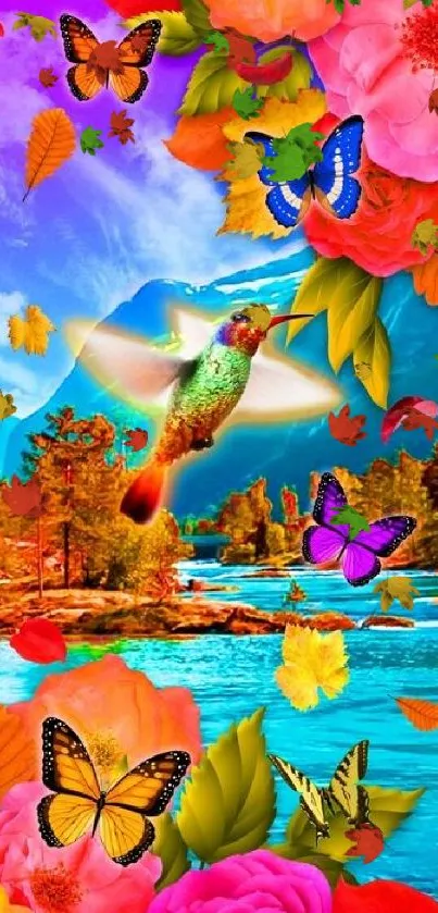 Colorful wallpaper with hummingbird, butterflies, and flowers in a vibrant landscape.