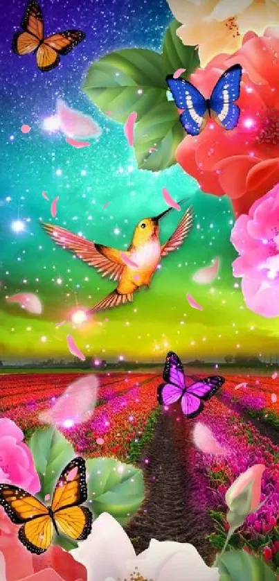 Vibrant wallpaper with hummingbird and butterflies in a colorful nature scene.